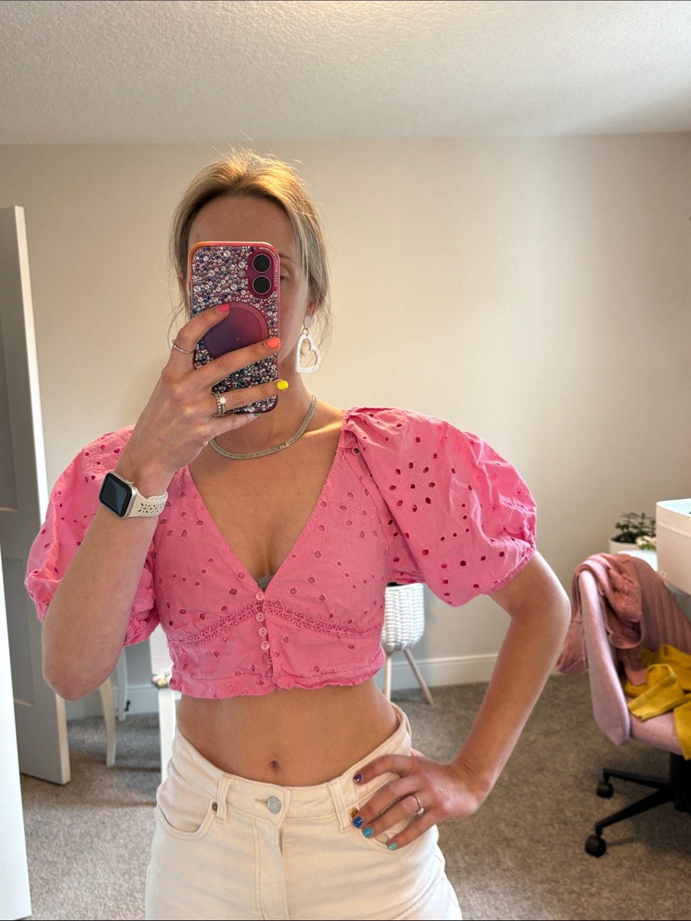Pink Puff Sleeve Crop Top